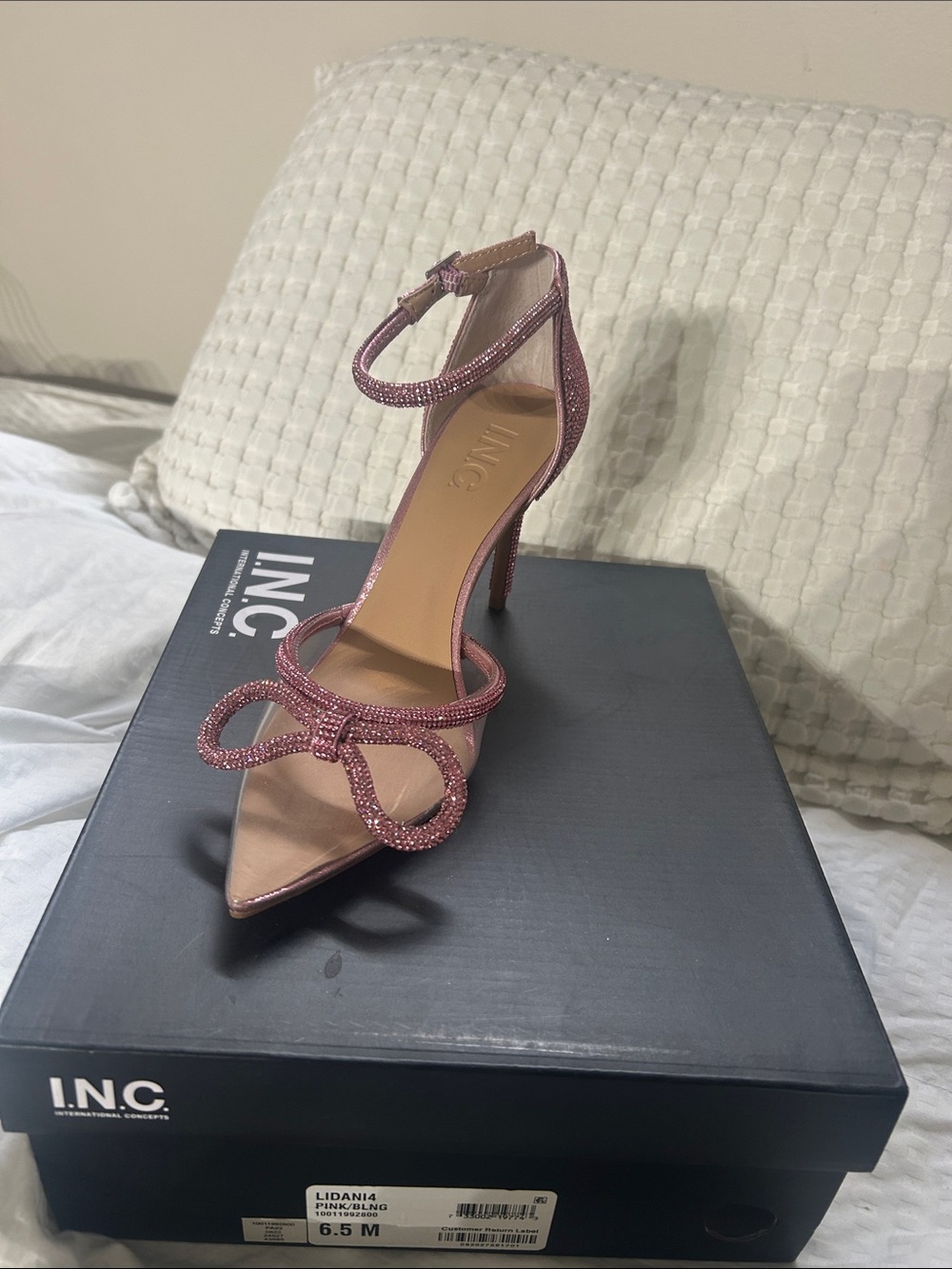 New-INC International Concepts Rose Pink Beaded Bow Ankle-Strap Stiletto